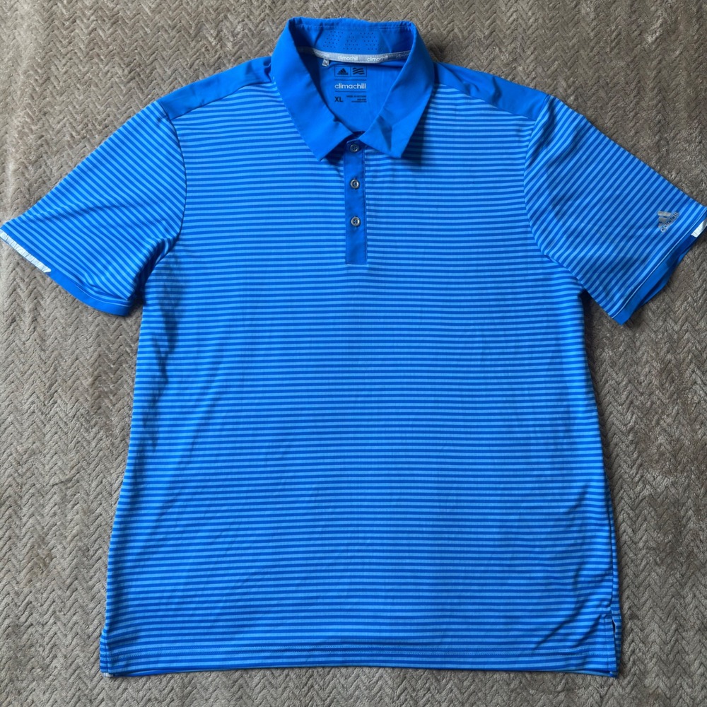 Adidas Golf Climachill Polo Shirt Mens XL Blue Striped Short Sleeve RN 88387